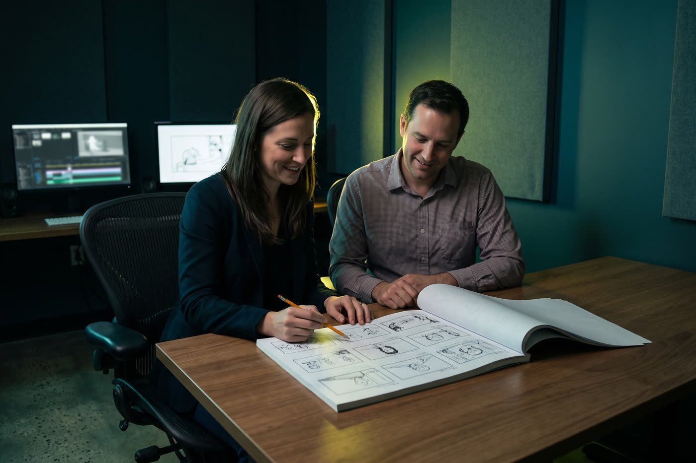Un directeur de création et son client relisent le storyboard d’une vidéo motion design