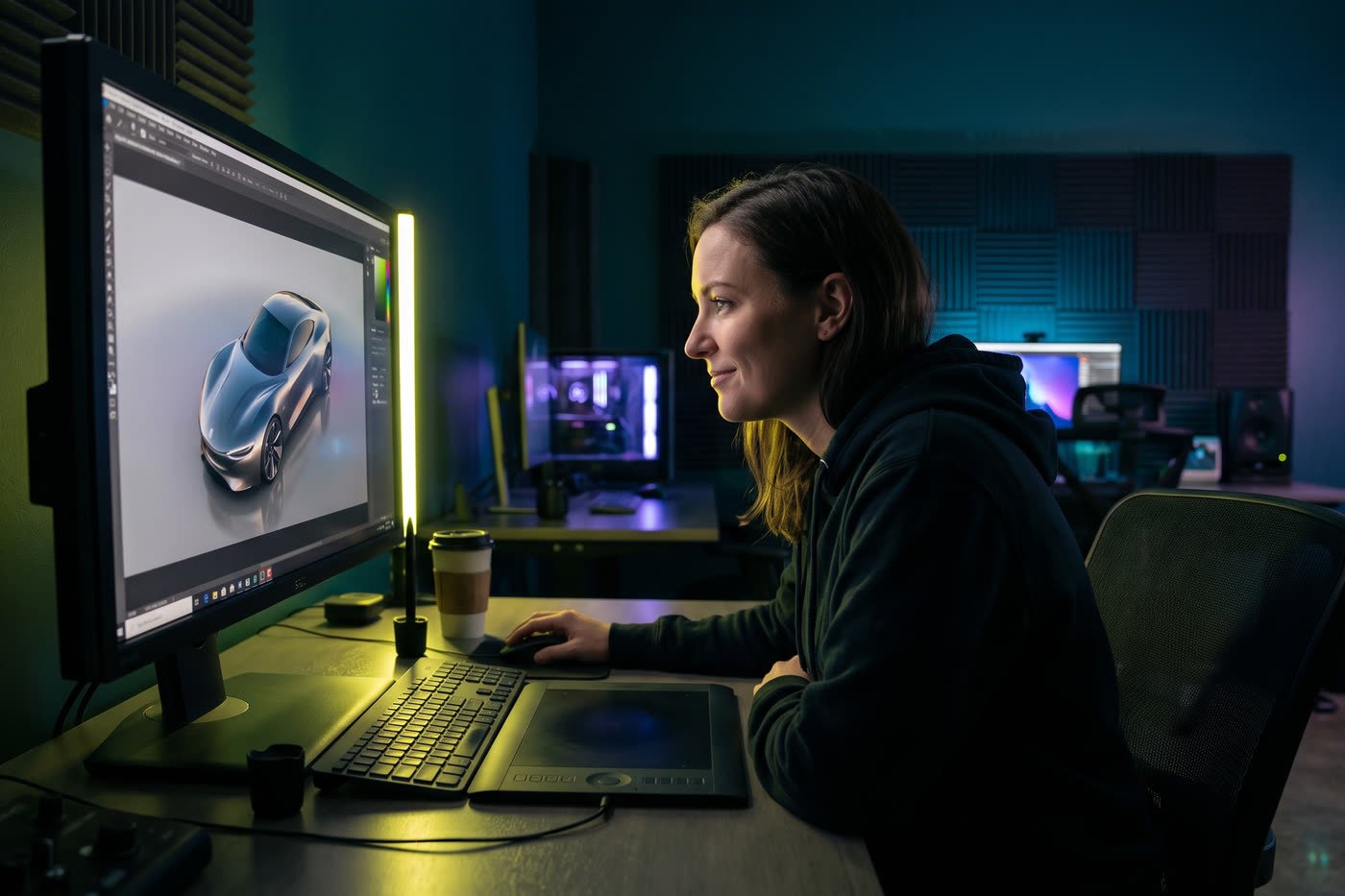 Un artiste 3D contrôle le rendu d’un produit en motion design 3D sur un écran calibré