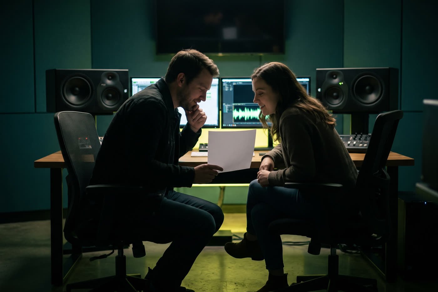 Un client et un producteur examinent la grille de tarifs du studio de motion design